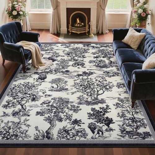 LIVEBOX 8x10 Area Rugs for Living Room, Washable Black and White Rug for Bedroom Dining Room Nursery Room, Soft Low Pile Non Slip, Vintage Animal Jungle Print Carpet Home Décor