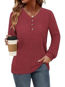 KISSMODA Womens Tops Fall Teacher Shirts Long Sleeve Tunics Loose Fit V Neck Sweaters (Large)