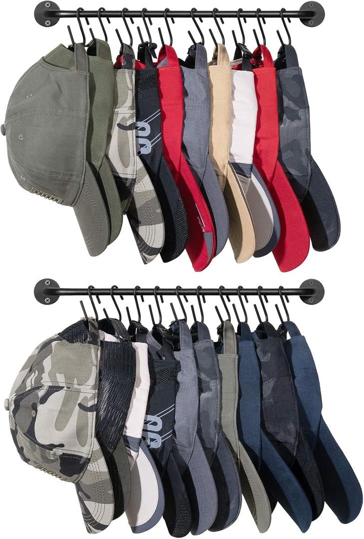 Mkono Hat Rack for Wall Baseball Cap Organizer Hanger with 20 Hooks Modern Metal Hat Holder Wall-Mounted Caps Display for Closet Door Bedroom Entryroom Laundry, Set of 2 Black