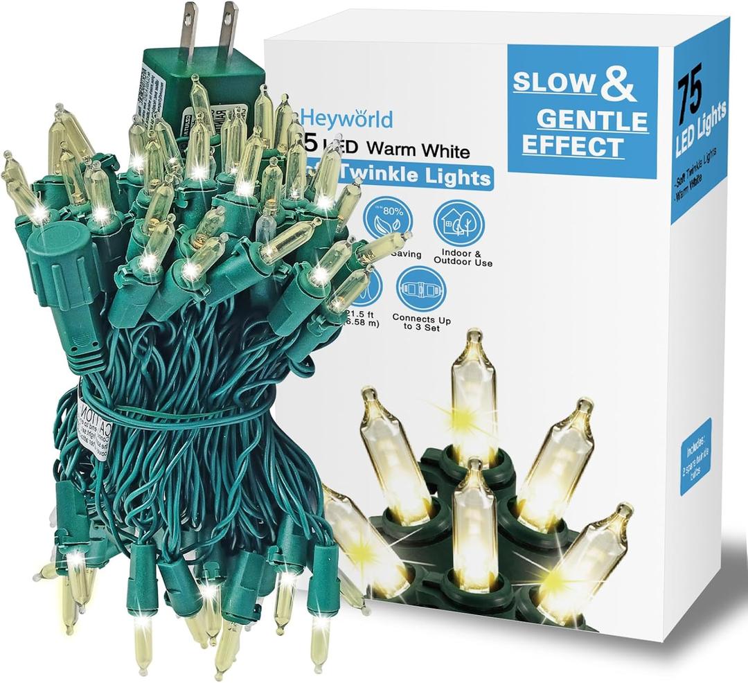 Heyworld Slow Twinkle Lights 75 LED Gentle Twinkling Christmas Lights, UL Certified Waterproof String Lights, 37 of 75 Lights Twinkle, 28 Feet, Connect Up to 3 Sets End to End, Indoor Outdoor Use (Warm White)