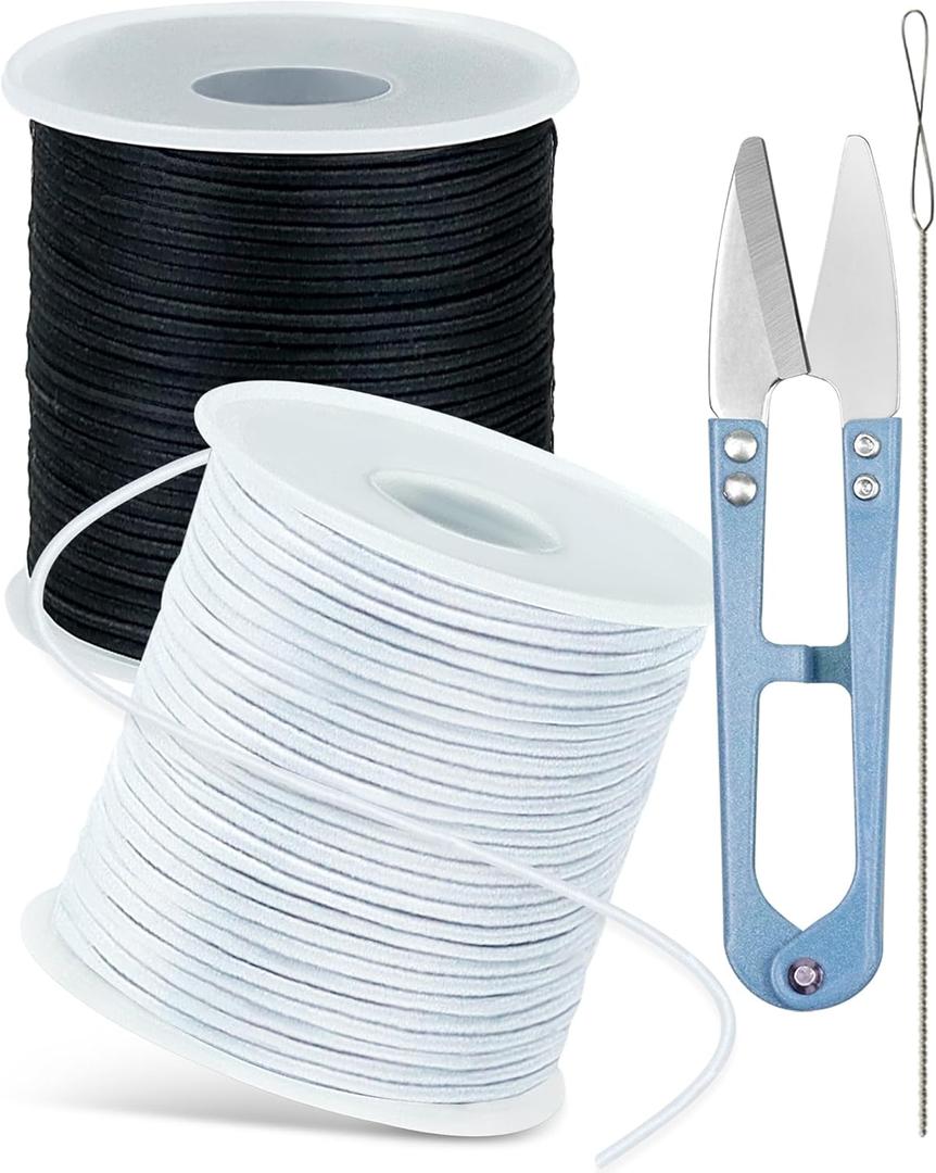 2 Rolls FIVEIZERO Black White Elastic Bracelet String,1mm,1.2mm,1.5mm Elastic Cord for Beading Stretchy String with Beading Needle for Bracelets, Sewing, Necklace, Jewelry Making and Crafts