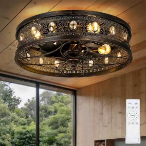 Fandelier Ceiling Fan with Light, Vintage Victorian Rustic Crystal Fandelier, Caged Enclosed Bladeless Chandelier Fan, Low Profile Flush Mount for Bedroom, Kitchen, Living Room, Dining Room, 20 Inch