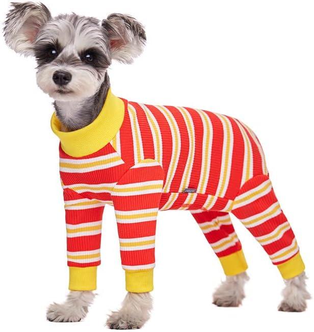 Dog Striped Recovery Suit, Puppy After Surgery Onesie, Long Sleeve Pajamas Bodysuit, Surgery Abdominal Wound Bandages Clothes, Dog Pant for Shedding Skin Disease, Red Large