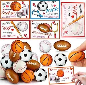 28 Pack Kid Valenitnes Day Cards with Sports Ball Valentines Day Gifts for Kids Classroom School, Valentines for Kids Class Party Favor Squeeze Foam Balls Stress Relief Toy Valentines Exchange Gifts