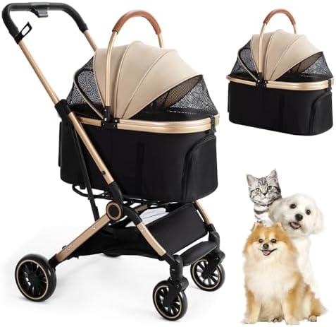 3 in 1 Pet Stroller with 4 Wheels, Foldable Pet Travel Carrier for Small/Medium Dogs Cats up to 50lbs, Detachble Portable Pet Bag, Storage Basket