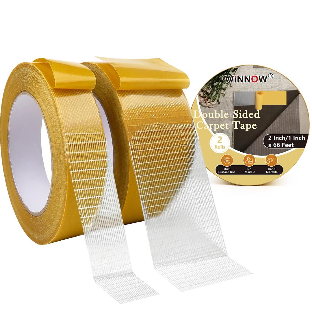 2 x WINNOW Heavy Duty Double Sided Rug Tape 1 Inch / 2 Inch x 66 Feet  Carpet Tape Gripper for Wood, Tile & Carpet, NonSlip, Strong Hold, Removable, 2 Rolls