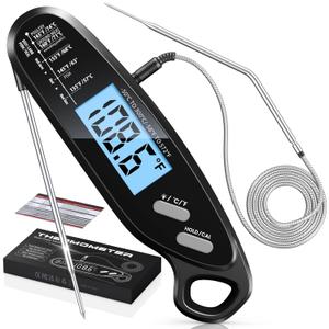 Vuwwey Instant Read Meat Thermometer Digital for Cooking & Grilling with Dual Probe, Big Backlit & Calibration, Food Thermometer for Grill, Smoker, BBQ, Oven, Oil Fry, Outdoor Kitchen Appliances (Black)