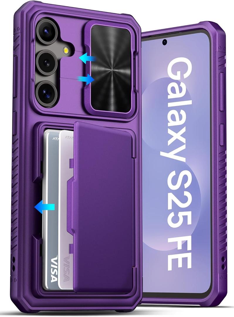 GVIEWIN Samsung Galaxy S25 FE Case, Built-in Card Holder (3-5 Cards) & Slide Camera Cover & RFID Blocking, Military Grade Protection, Wallet Phone Cover Case for Galaxy S25 FE 6.7", Dark Purple