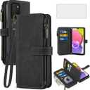 Asuwish Phone Case for Samsung Galaxy A03s US Version 5G 2022 Wallet Cover and Tempered Glass Screen Protector Leather Flip Credit Card Holder Stand Cell Ao3s A 03s SM-A037U SM A037U Women Men Black