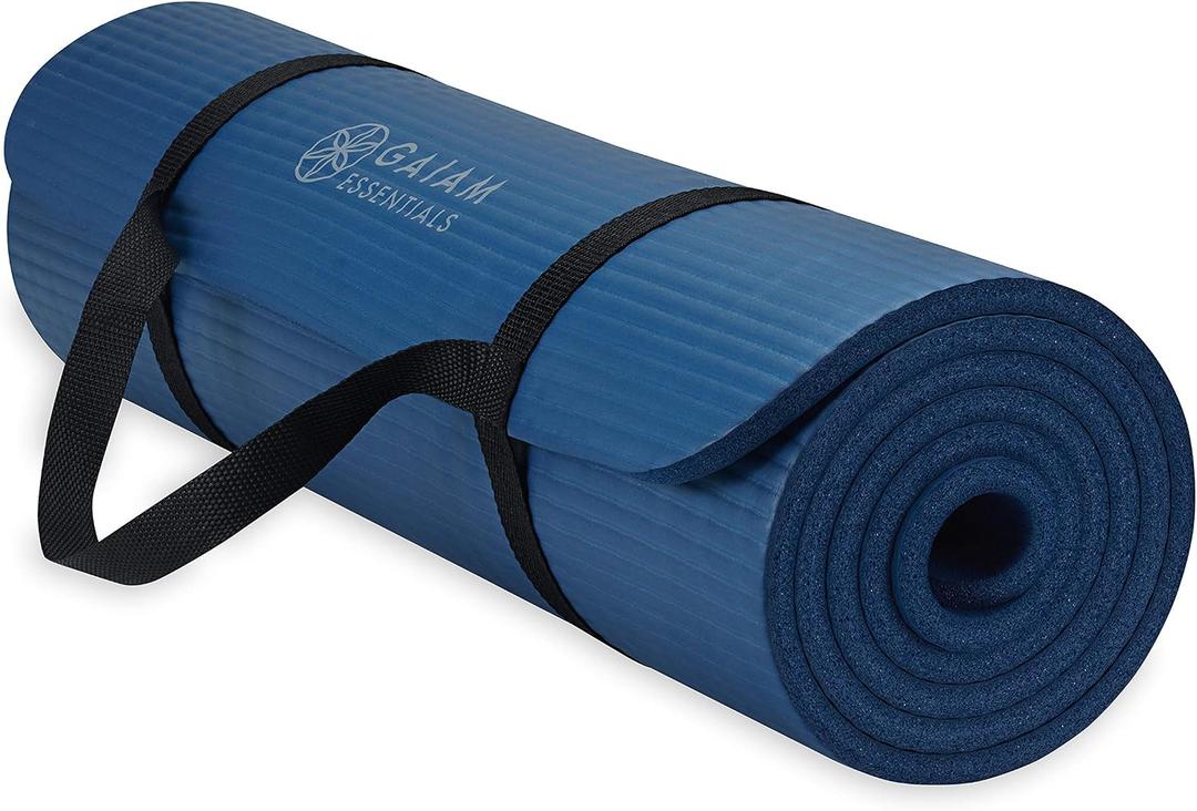 Gaiam Essentials 2/5" Thick (10mm) Yoga & Pilates, Fitness & Exercise Mat with Easy-Cinch Carrier Strap Cusion Support For Fitness and Gym Workouts