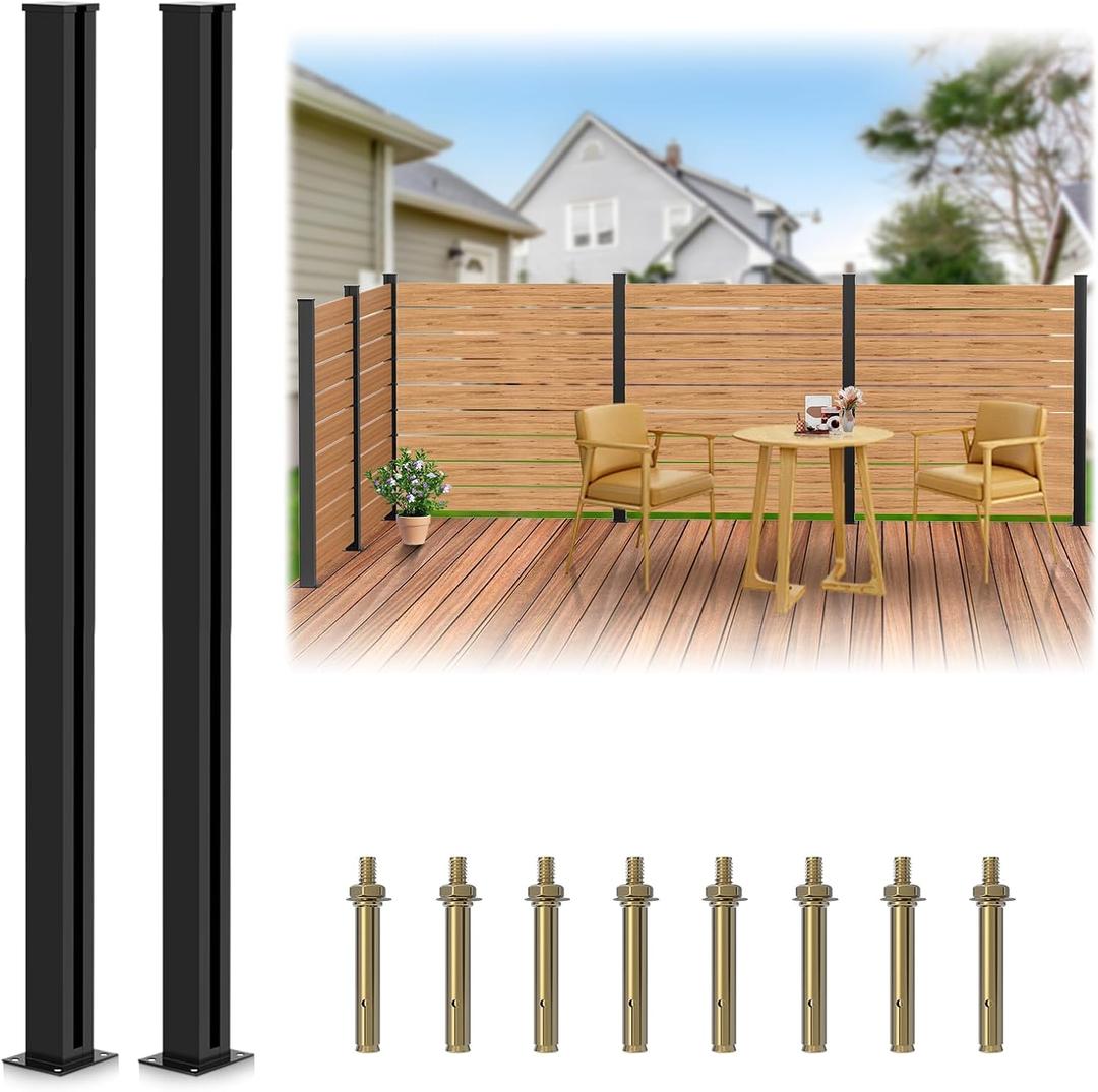45" Aluminum Alloy Fence Post, 2 Pack Matte Black Metal Wood Privacy Fence End Post for Air Conditioner, Pool Equipment Enclosure, Trash Can Enclosures