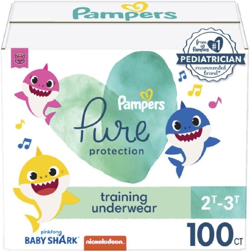 Pampers Training Pants - Pure Protection - Size 2T-3T, 100 Count, Baby Shark Premium Hypoallergenic Potty Underwear