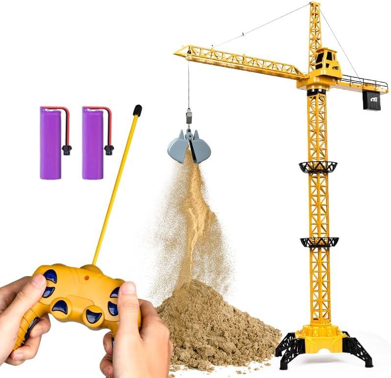 DIY Alloy Hook 4 Channel RC Tower Crane for Kids - 50.4 Inches Remote Control Crane Toy with 2 Batteries, Rotating Lift Construction Vehicles with LED Lights, Excavator Toy for Ages 4,5,6,7,8 Boys