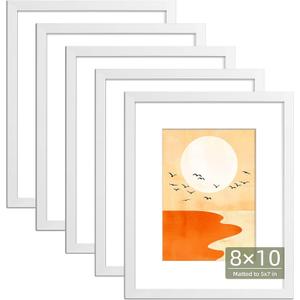 HappyHapi 8x10 Picture Frame Set of 5, Tabletop & Wall Display Pictures 5x7 with Mat or 8x10 Without Mat, Multi Gallery Photo Frames Collage (White)