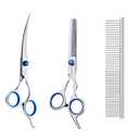 CADABY Dog Grooming Scissors,3 in 1 Dog Scissors with Safety Tips, Professional Stainless Steel Thinning Shears, Curved Pet Grooming Scissors Kit