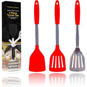 Red Stainless Steel Spatula Set  Includes Slotted Spatula, Silicone Turner, Metal Spatula - Heat Resistant Silicone Turner Set  Metal Spatulas for Kitchen use, BBQ, Grill