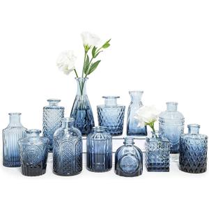 SUPMIND Glass Bud Vase Set of 12, Small Blue Flower Vases for Centerpieces in Bulk, Mini Vintage Vase for Wedding, Home,Table Decoration