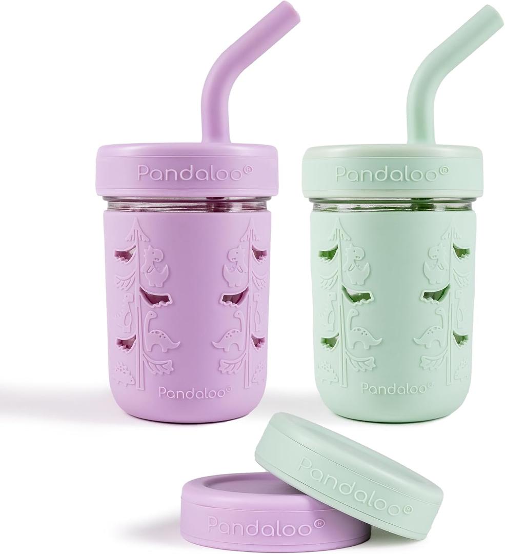 Mason Jar Toddler Cup | 8 oz Glass Cups with Silicone Sleeve & Lids | Spill-Resistant Smoothie & Snack Cups for Kids | BPA-Free | Stainless Steel Inner Straw