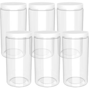 48oz (1420 ml, 6 Pack) Clear Tall Plastic Jars with Smooth White Lids and Labels, Cylindrical Food Storage BPA Free PET 1.5 Quart Canisters for Home & Kitchen Pantry Organization and Storage