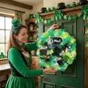 18'' St. Patrick's Day Wreath for Front Door with Lights St Patricks Day Mesh Wreath Artificial Clovers Leprechaun Hat Decorations for Irish Wall Porch Home Outdoor Indoor