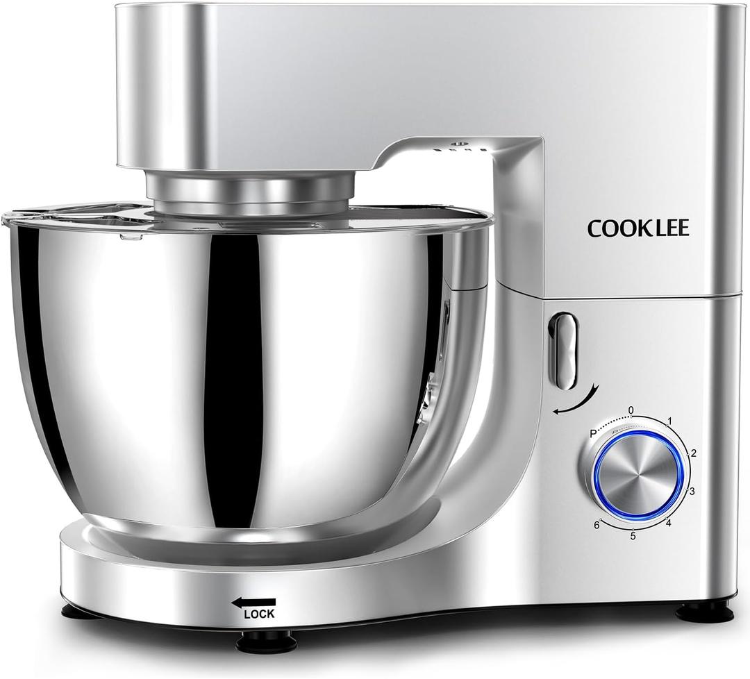 COOKLEE Stand Mixer, 9.5 Qt. 660W Electric Kitchen Mixer with Dishwasher-Safe Dough Hooks, Flat Beaters, Wire Whip & Pouring Shield Attachments for Most Home Cooks, Silver (Silver1)
