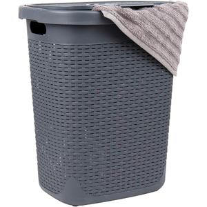 Mind Reader 50L Slim Laundry Hamper, Clothes Basket, Lid, Wicker Design, Plastic, 17.65"L x 13.75"W x 21"H, Gray