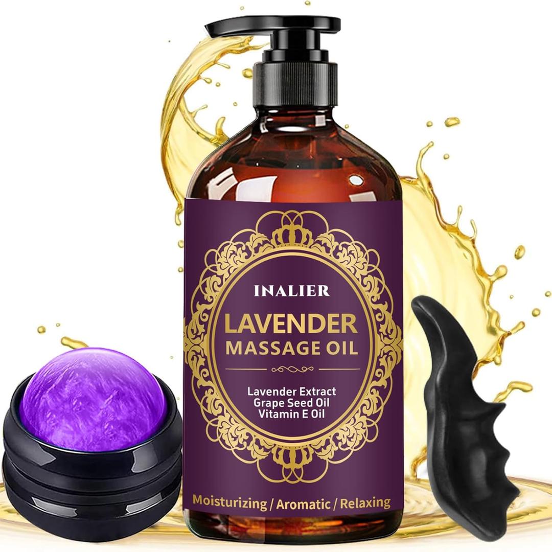 Massage Oil for Massage Therapy,Lavender Oil with Massage Roller Ball & Thumb Saver,SPA Relaxing Oi for Soothing,Massage Kit Spa Gifts for Him Her,Gifts for Men Women