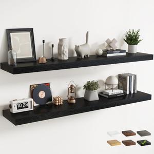 Floating Shelves for Wall with Invisible Brackets, Wall Mounted Engineered Wood Shelves with Wood Grain for Living Room, Bedroom, Bathroom, Kitchen Decor and Storage, Oak, 71"L Set of 2, Black