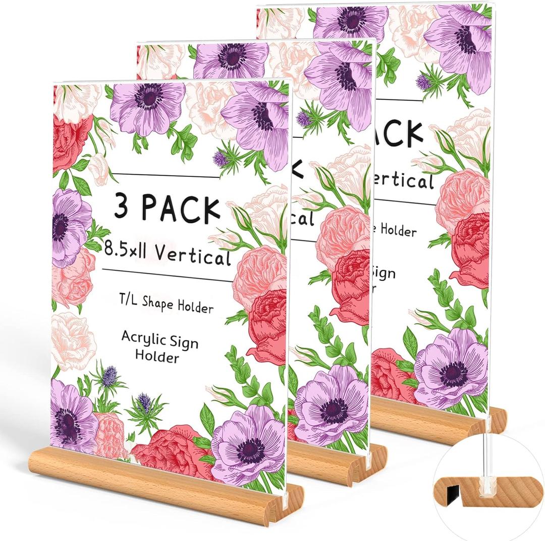 trophable Acrylic Sign Holder, L/T Shape Clear Acrylic Frames Wood Base Table Menu Display Stand for Office School Restaurant (Clear 8.5x11 inch 3Pack )