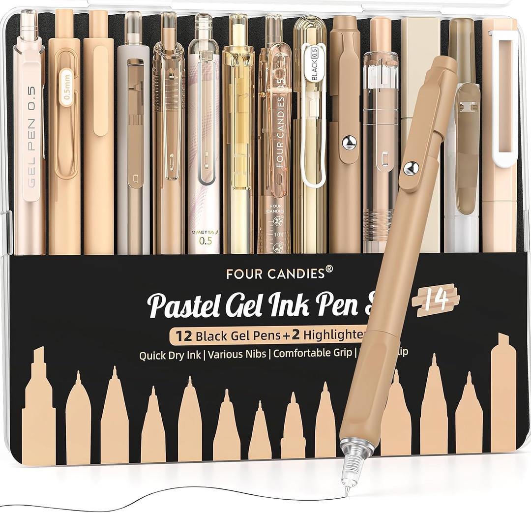 Four Candies 14Pack Pastel Gel Ink Pen Set, Cute Retractable 0.5mm Fine Point Pen, Note Taking Aesthetic Pens,12 Pack Black Ink Pens with 2Pack Highlighter, Smooth Writing Pens for School, Office(Brown)