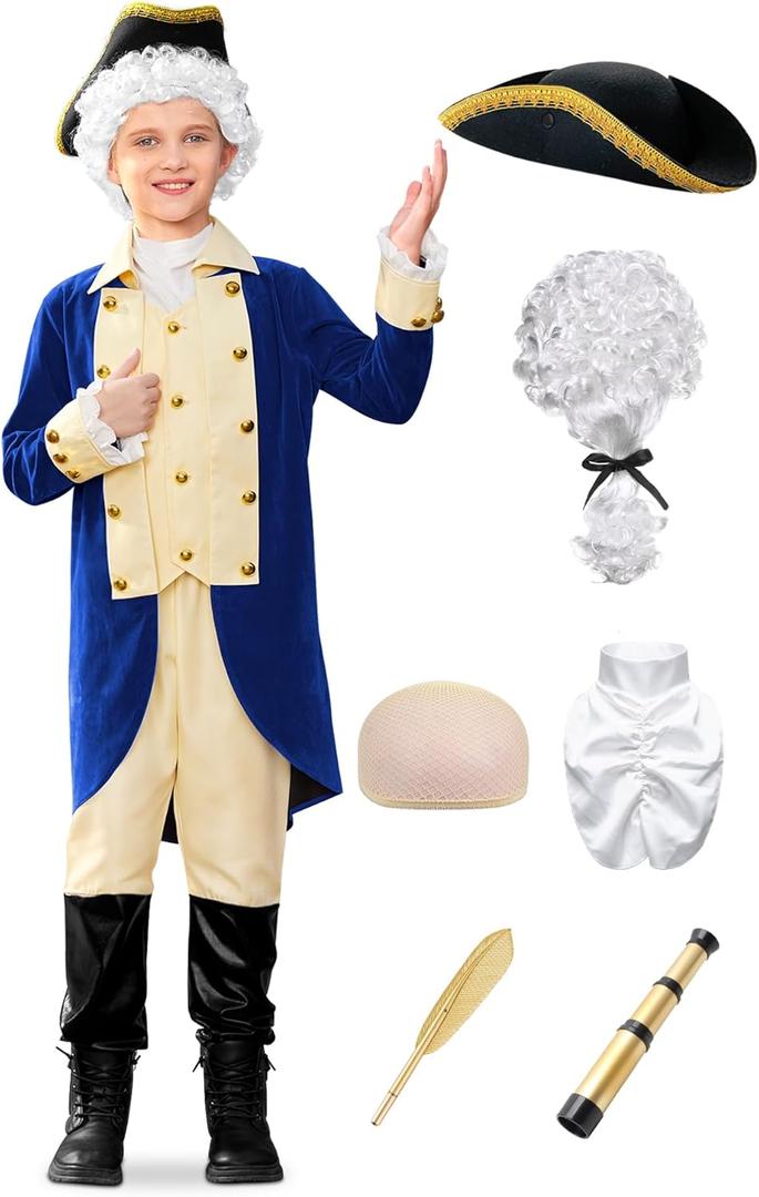 BesserBay 8 Pieces Boys Colonial Outfit 18th Century American Founding Fathers Uniform 10-12 Years