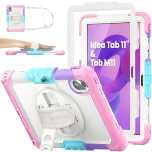 SEYMAC stock Tablet Case for Lenovo Idea Tab 11'' / M11 (TB336FU/TB330FU) 11 inch Drop-Proof Protection Cover with 360 Rotate Stand & Strap [Pen Holder] & Screen Protector 2025/2024, Beige+Pink