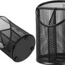 2 Pack Pen Holder Mesh Round Pencil Holder Desktop Organizer 3 Compartments, Black