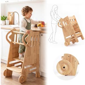 Roslim Toddler Tower with Wheels, Adjustable Height Learning Tower, Natural, 21"D x 18.5"W x 35.4"H