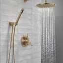 Delta Modern 14 Series Round Rain Shower System Faucet Set, Rainfall Brushed Gold Shower Head and Handle Set, Valve Trim Kit, 10 Inch, Champagne Bronze 342702-CZ