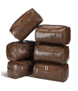 Aliceset 6 Pcs Groomsmen Gift Groomsmen Toiletry Bags Set of 6 Leather Toiletry Bag for Men with Hook Leather Wedding Proposal Bag with Side Handle Father Gift(Dark Brown)