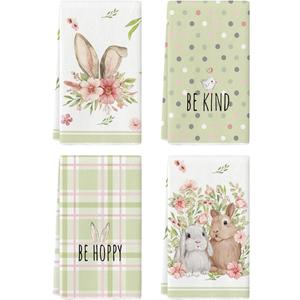 Artoid Mode Green Bunny Rabbit Ears Floral Leaves Easter Kitchen Towels Dish Towels, 18x26 Inch, Be Kind Seasonal Decoration Hand Towels, Set of 4
