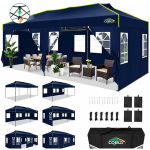 COBIZI 10x20 Pop Up Canopy Tent with 6 Removable Sidewalls, One Push Party Tent Outdoor Waterproof Event Canopy with Air Vent for Parties Commercial Wedding, 3 Height, Carry Bag, Sandbag, Navy Blue