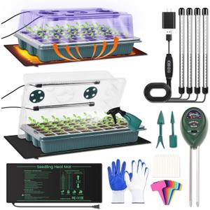 2 Pack 80 Cells Seed Starter Tray with Grow Light & Heat Mat, Plant Seed Starter Kit with Humidity Domes, Automatic Timer, and Adjustable Brightness for Indoor Greenhouse Gardening