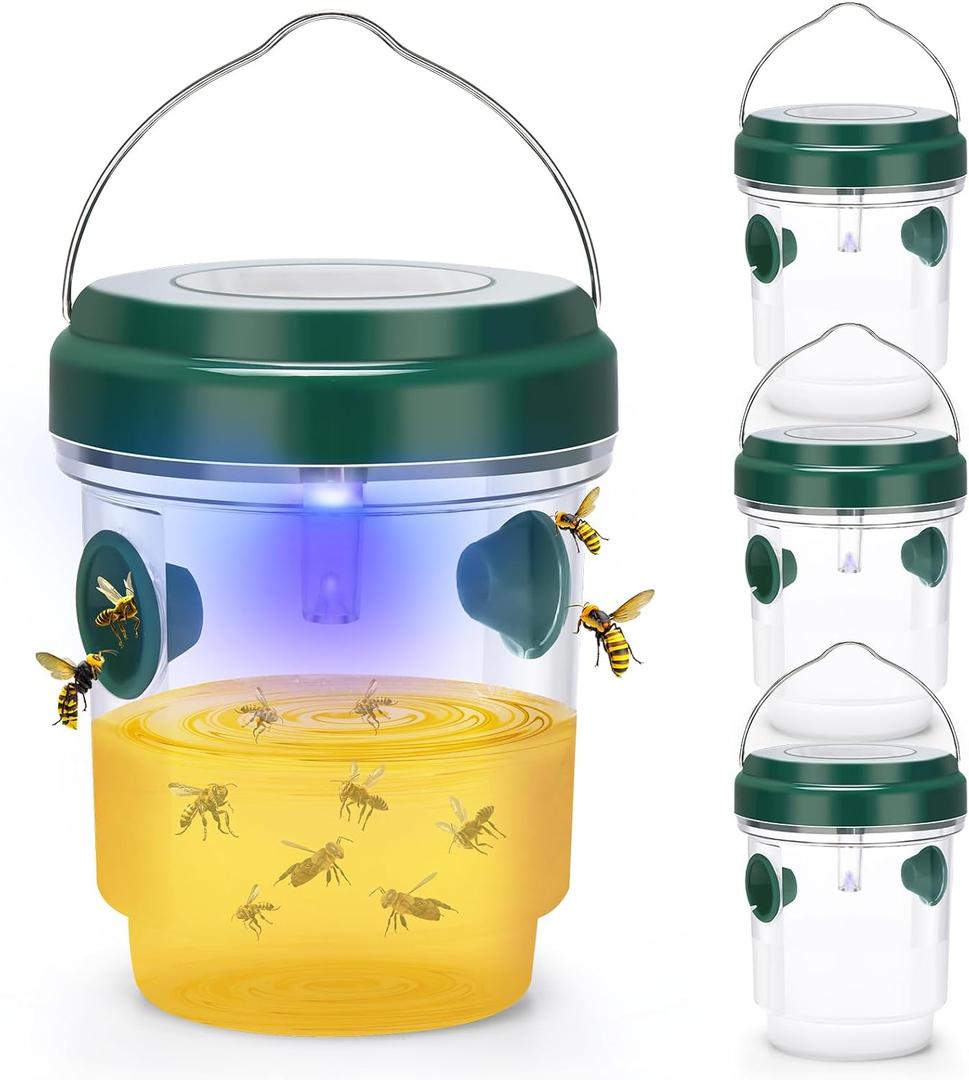 Wasp Trap, Solar Wasp Traps Outdoor Hanging, Reusable Yellow Jacket Hornet Trap with LED Light, Carpenter Bee Traps for Outside Garden, Patio, Orchard, Camping