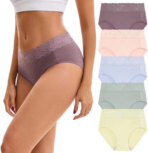 INNERSY Womens Cotton Underwear Lace Bikini Hipster Panties for Women High Waisted Ladies Briefs 5 Pack, L