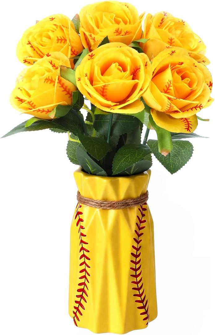 Suncalla 6 Pcs Softball Rose with Leaves Bulk Artificial Fake Softball Roses Decor Flower Gifts for Table Centerpieces Wedding Gifts Ball Theme Rose Bouquet Party Favors, Vases Not Included