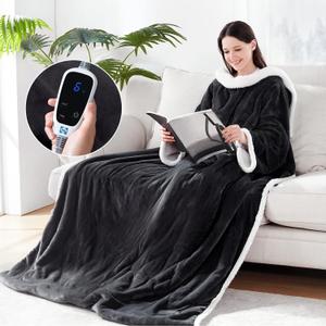 Sealy Electric Blanket Wearable with Foot Pocket, Electric Snuggle Blanket with Sleeves, Flannel & Sherpa Heating Throw with 6 Heat Settings & 2-10 Hours Auto Shut Off, 50 * 70"+18", Dark Grey (Charcoal)