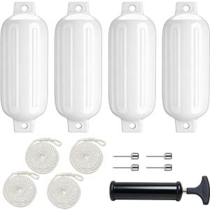4 Pack 4.5"/6.5" Boat Fenders, Ribbed Twin Eyes Inflatable Marine Bumpers for Docking with 4 Ropes, 4 Needles and 1 Pump, Pontoon Boat Fenders for Yachts, Sailing Dinghies, Bass Boats