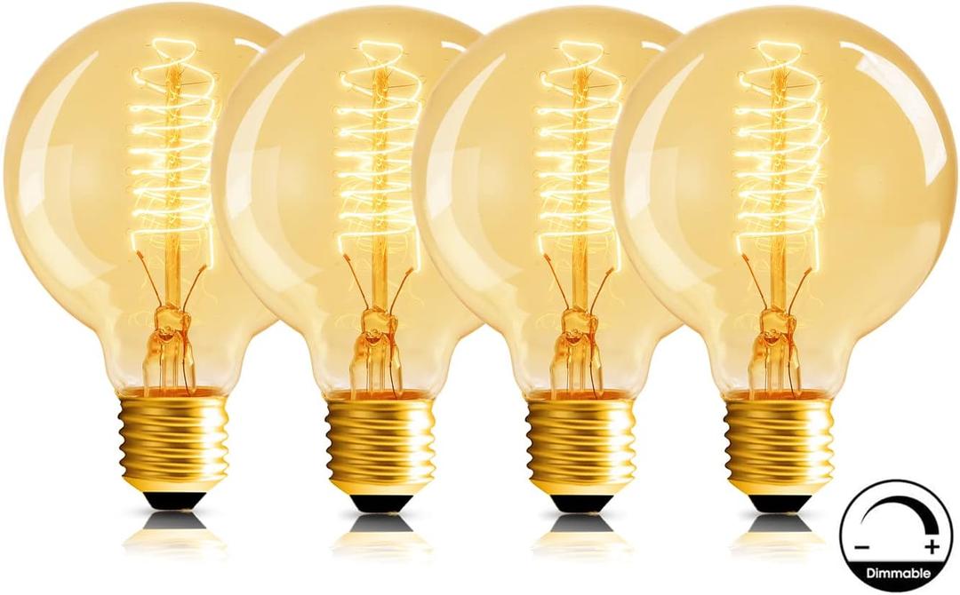G80 Globe Edison Light Bulb, Vintage Large 4-Pack Edison Light Bulb, Spiral Filament Light Bulbs, E26 Base - Amber Soft Light 60W 2700K 110V Dimmable - G80(G25) Bulbs for Home Bar Decorative Lighting