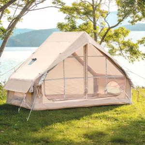 WaldZimmer Inflatable Tent w/Stove Jack, Blow-Up Tent | Glamping Air Tent Oxford Waterproof/Windproof 4-Season Fit. Quick Setup with a Hand Pump, Cabin House Design, 9.74ft*6.46ft*6.56ft (Beige)(3-4 person)