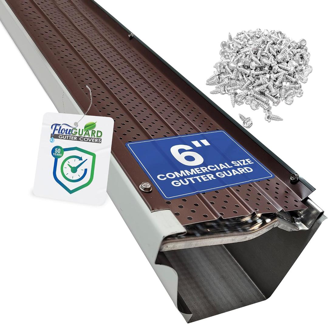 FlowGuard USA Made Professional DIY 6 Inch 50-Year Gutter Cover System - Brown - Aluminum Gutter Guards - 22 Feet - by FlexxPoint