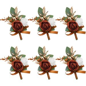 6 pcs Burnt Orange Boutonniere for Men Wedding Groom Groomsmen Best Man Terracotta Artificial Flowers Boutonniere for Fall Rustic Wedding Ceremony Anniversary Prom Flowers Formal Dinner Party