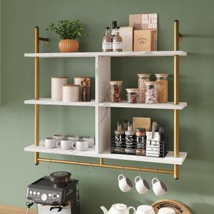 Bestier Kitchen Shelves Wall Mounted Floating Pipe Shelving 3 Tier 41.5" Coffee Bar Shelf with Holder Wall Display Storage Rack Kitchen Organization and Home Decor, White Faux Marble (White Marble)