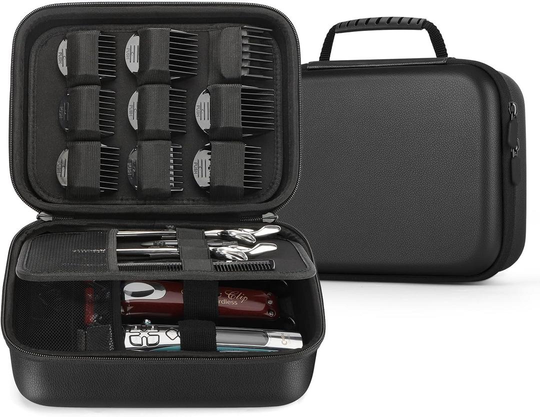 MOSLA Hard Barber Accessories Case for Hair Clippers, Mens Hair Cutting Barber Supplies Holder, Trimmer Organizer Storage Bag for Hair Cutting, Guard Grooming Kit (PU Black)